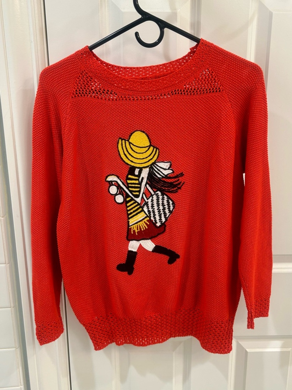 Vintage Tomato Red Embroidered Girl Hat Intarsia Textured Knit Lace Trim Sweater - Picture 3 of 9